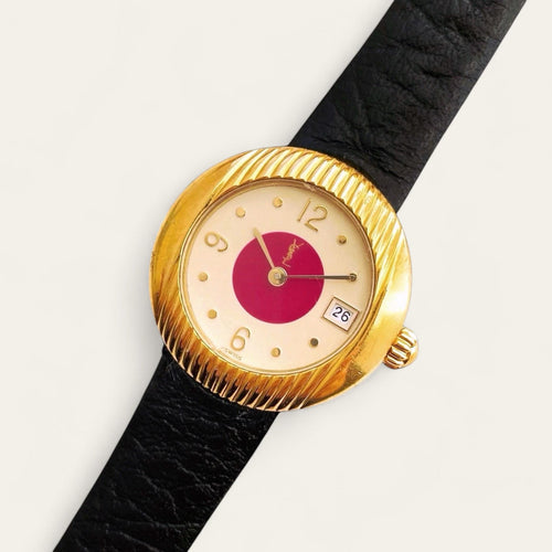 Yves Saint Laurent Ladies’ Quartz Watch – Black Strap, Gold-Plated, 1990s