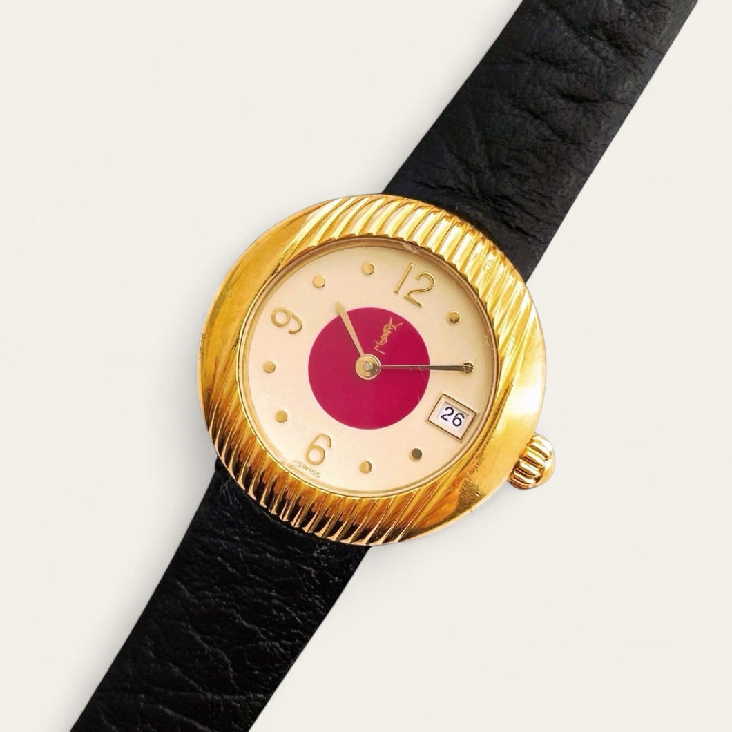 Yves Saint Laurent Ladies’ Quartz Watch – Black Strap, Gold-Plated, 1990s