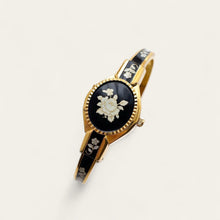 Load image into Gallery viewer, Vintage André Mouche Quartz Watch - Black Floral Design, Concealed Dial, Gold-Plated
