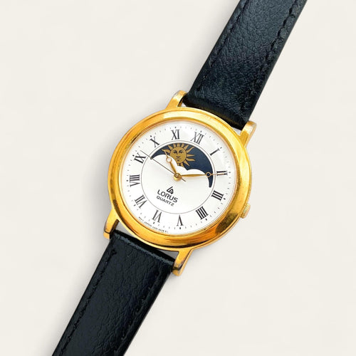 90s Vintage Unisex Lorus Sun & Moon Phase Quartz Watch - Black Leather