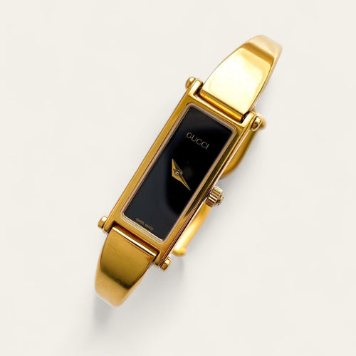 Vintage Ladies' Gold-Plated Gucci 1500 Bangle Quartz Watch - Black Dial