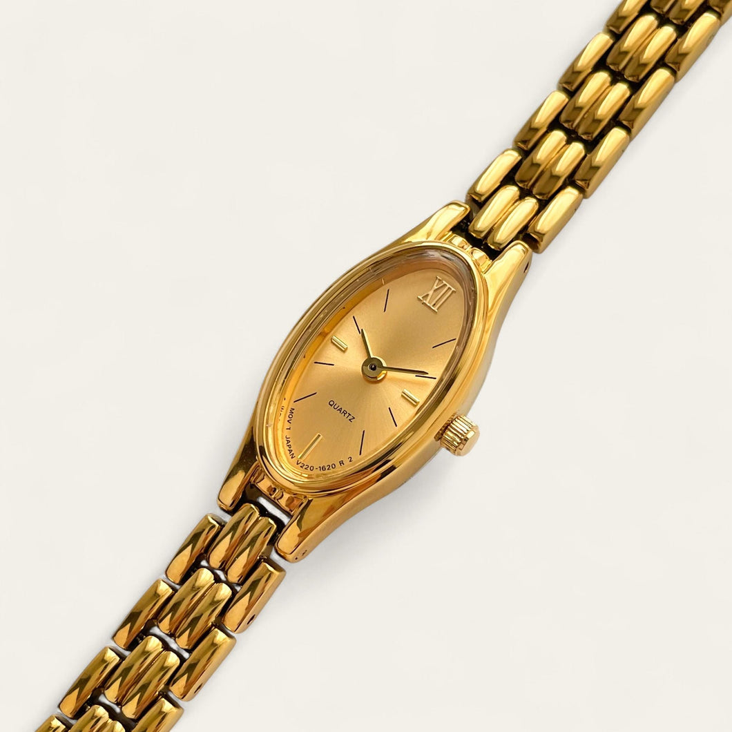 Dainty Retro Ladies' Gold-Plated Quartz Watch with Oval Dial