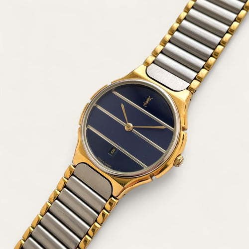 Vintage 1990s Yves Saint Laurent Unisex Quartz Watch - Blue Striped Dial