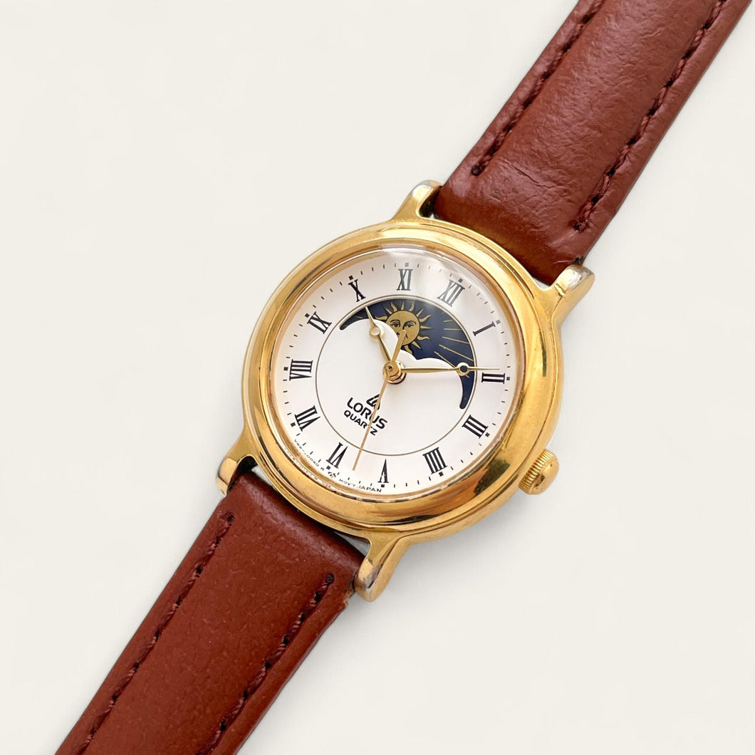 90s Vintage Ladies' Lorus Sun & Moon Quartz Watch - Brown Leather