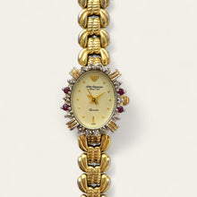 Load image into Gallery viewer, Vintage 90s Gold-Plated Jules Jürgensen Watch - Diamond &amp; Ruby Bezel

