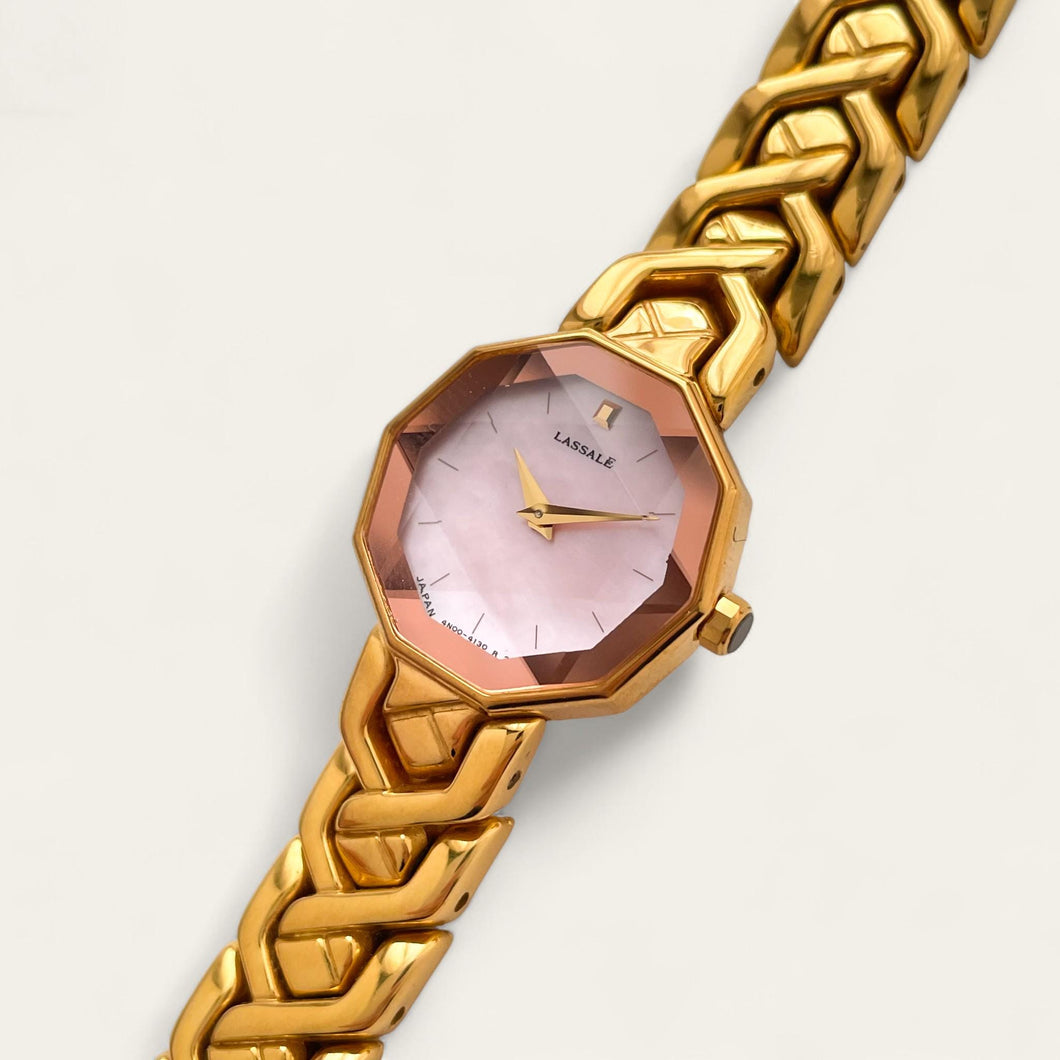 1990s Gold-Plated Seiko Lassale Quartz Watch - Pink Dial, Faceted