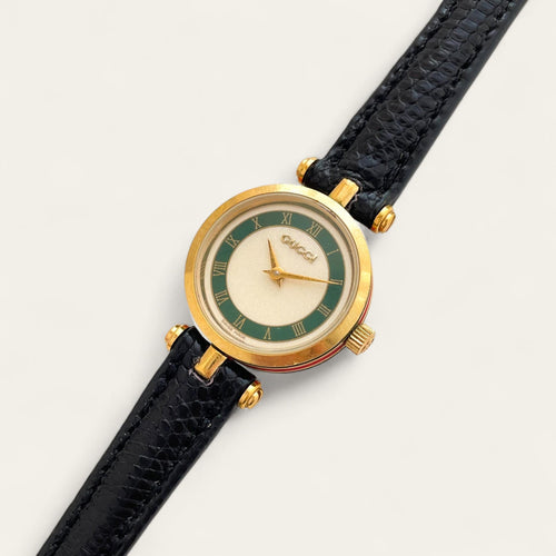 Vintage 90s Ladies' Gucci Quartz Watch - Green Sector Dial - Leather Strap