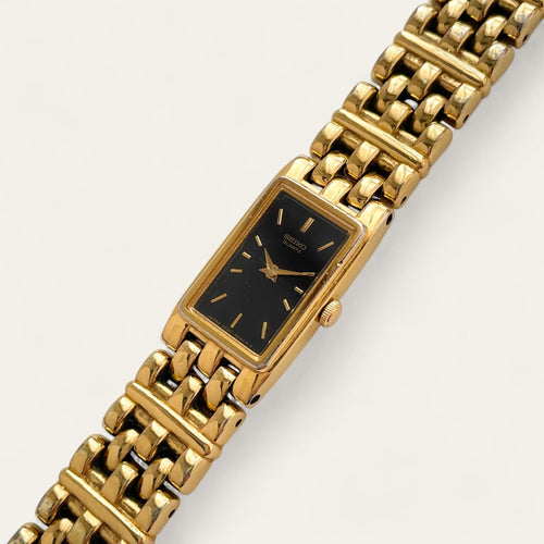 Vintage Gold-Plated Ladies' Seiko Quartz Watch - Rectangular Black Dial