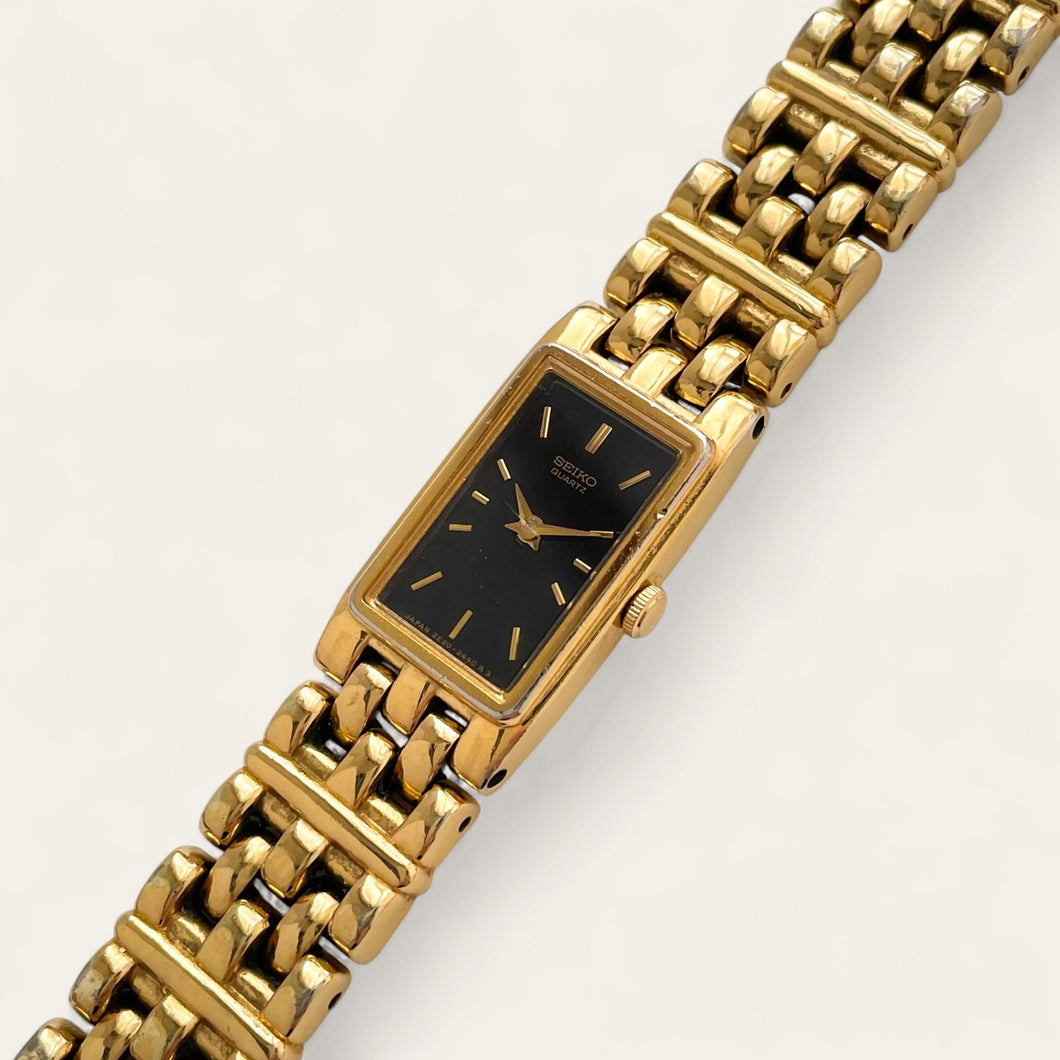 Vintage Gold-Plated Ladies' Seiko Quartz Watch - Rectangular Black Dial