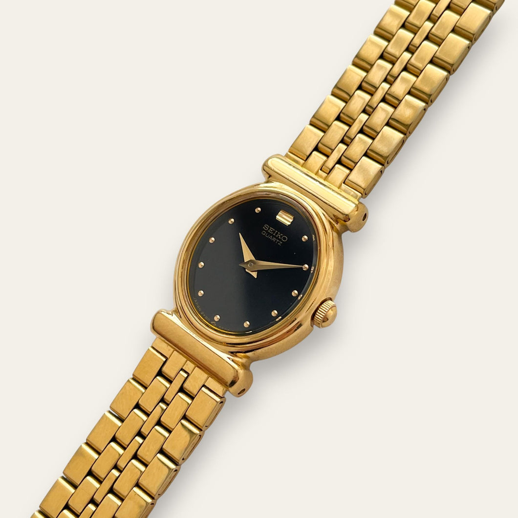 Vintage Gold-Plated Ladies' Seiko Quartz Watch - Black Dial