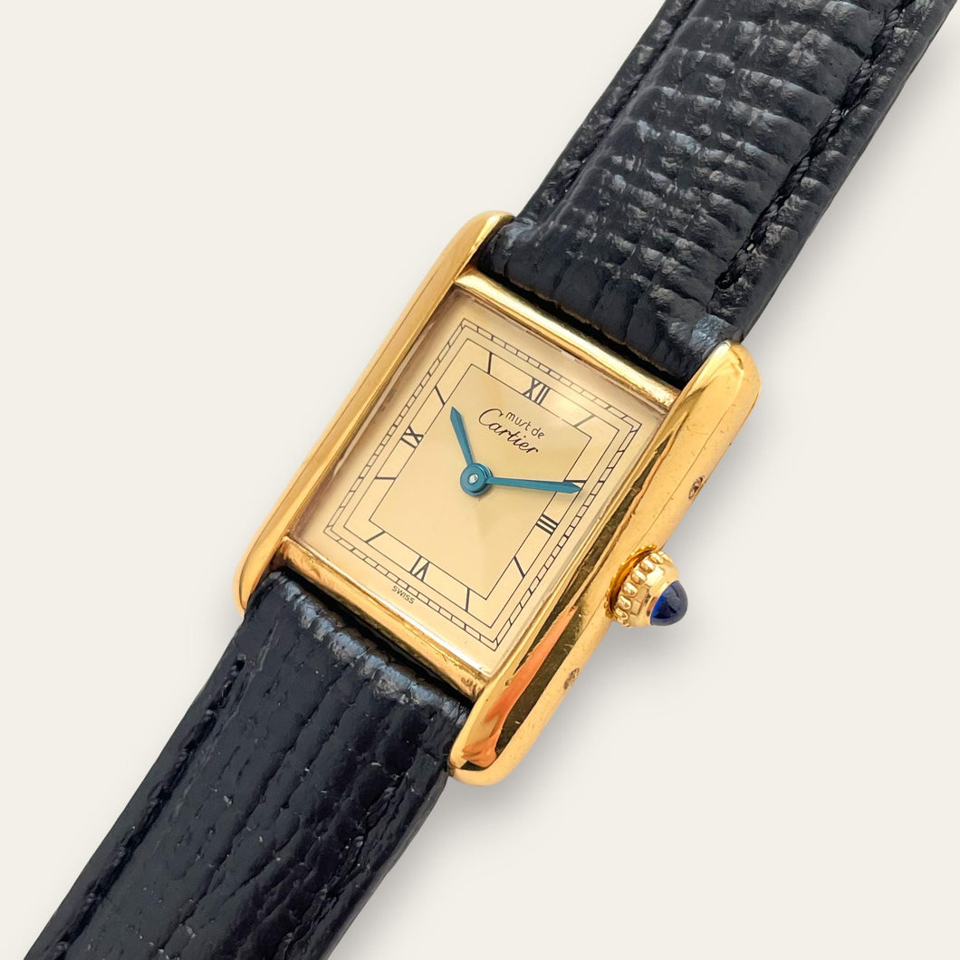 Vintage Ladies' Cartier Tank Vermeil Quartz Watch - Black Leather Strap