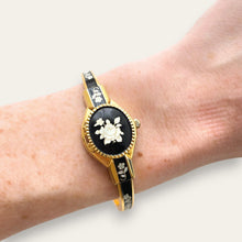 Load image into Gallery viewer, Vintage André Mouche Peek-a-Boo Watch: Black Floral Bangle Bracelet
