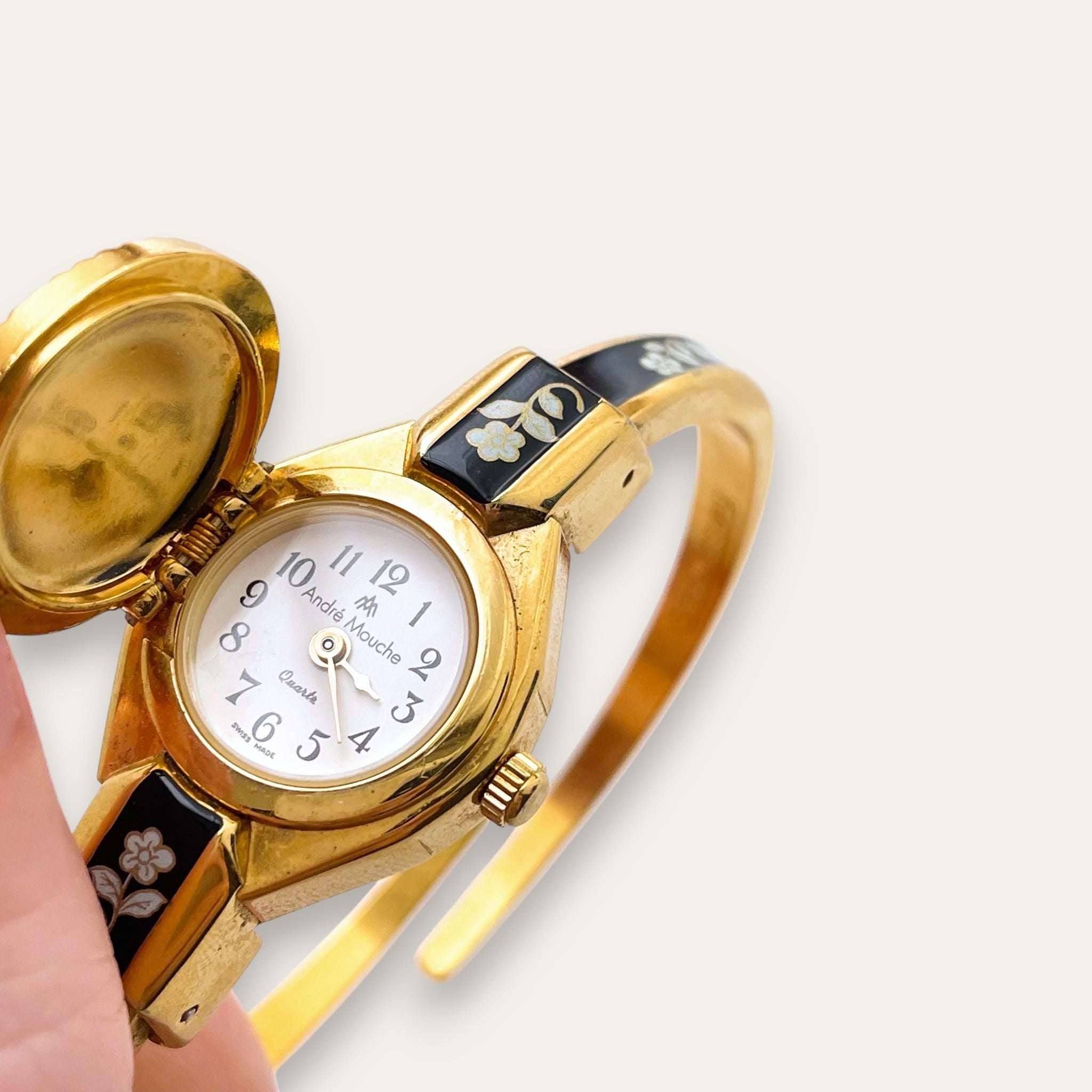 Vintage André Mouche Quartz Watch - Black Floral Design, Hidden