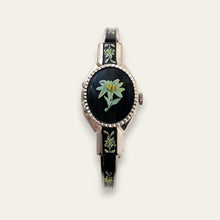 Load image into Gallery viewer, Vintage André Mouche Peek-a-Boo Quartz Watch - Silver-Tone, Black Floral Design
