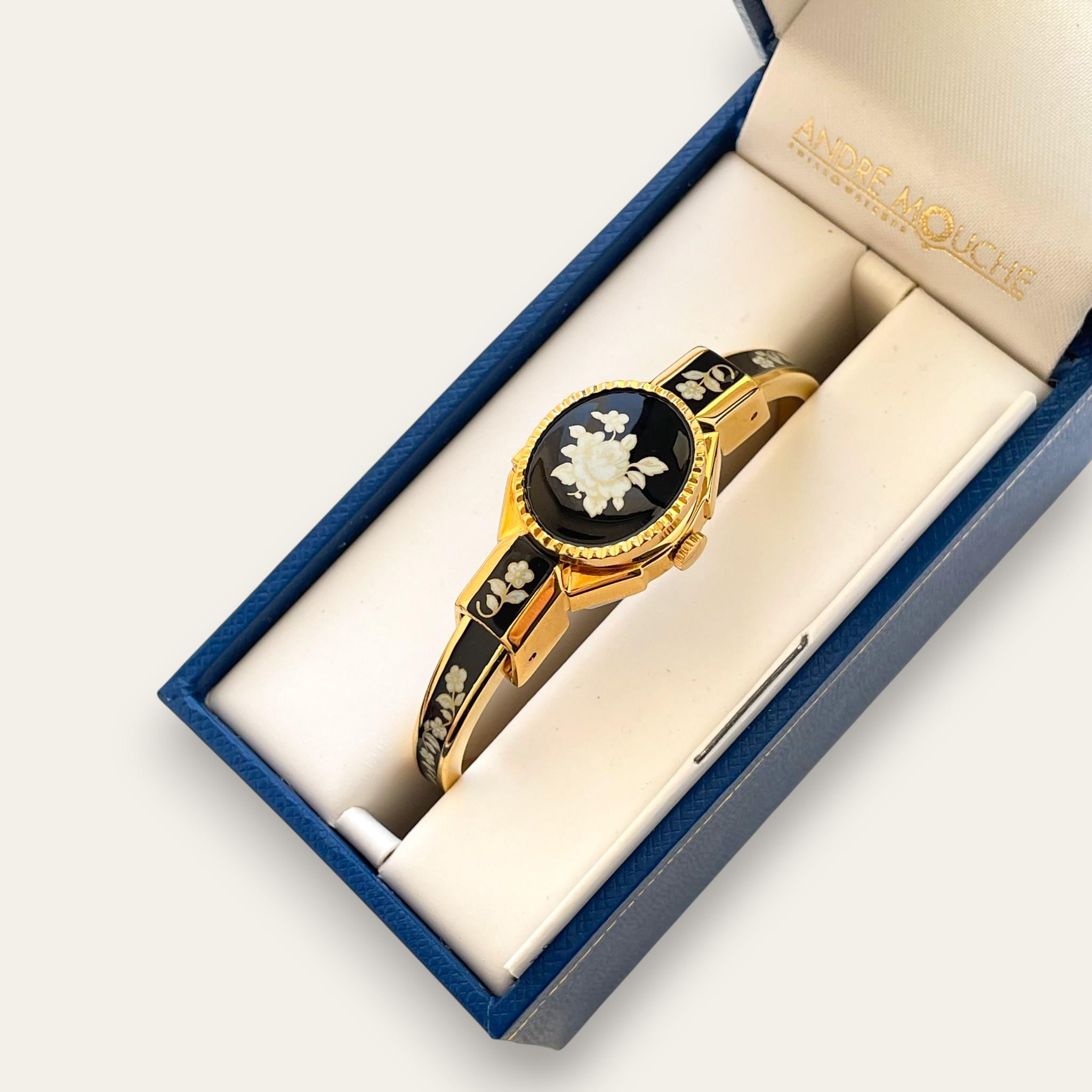 Vintage André Mouche Quartz Watch - Black Floral Design, Hidden
