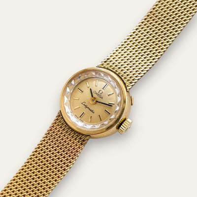 Vintage Gold-Filled Omega Ladymatic Mechanical Watch - Faceted Glass, Integrated Bracelet