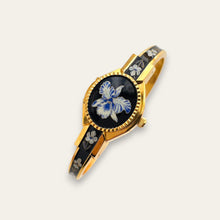 Load image into Gallery viewer, Vintage André Mouche Quartz Peek-a-Boo Watch - Black &amp; Blue Floral Design
