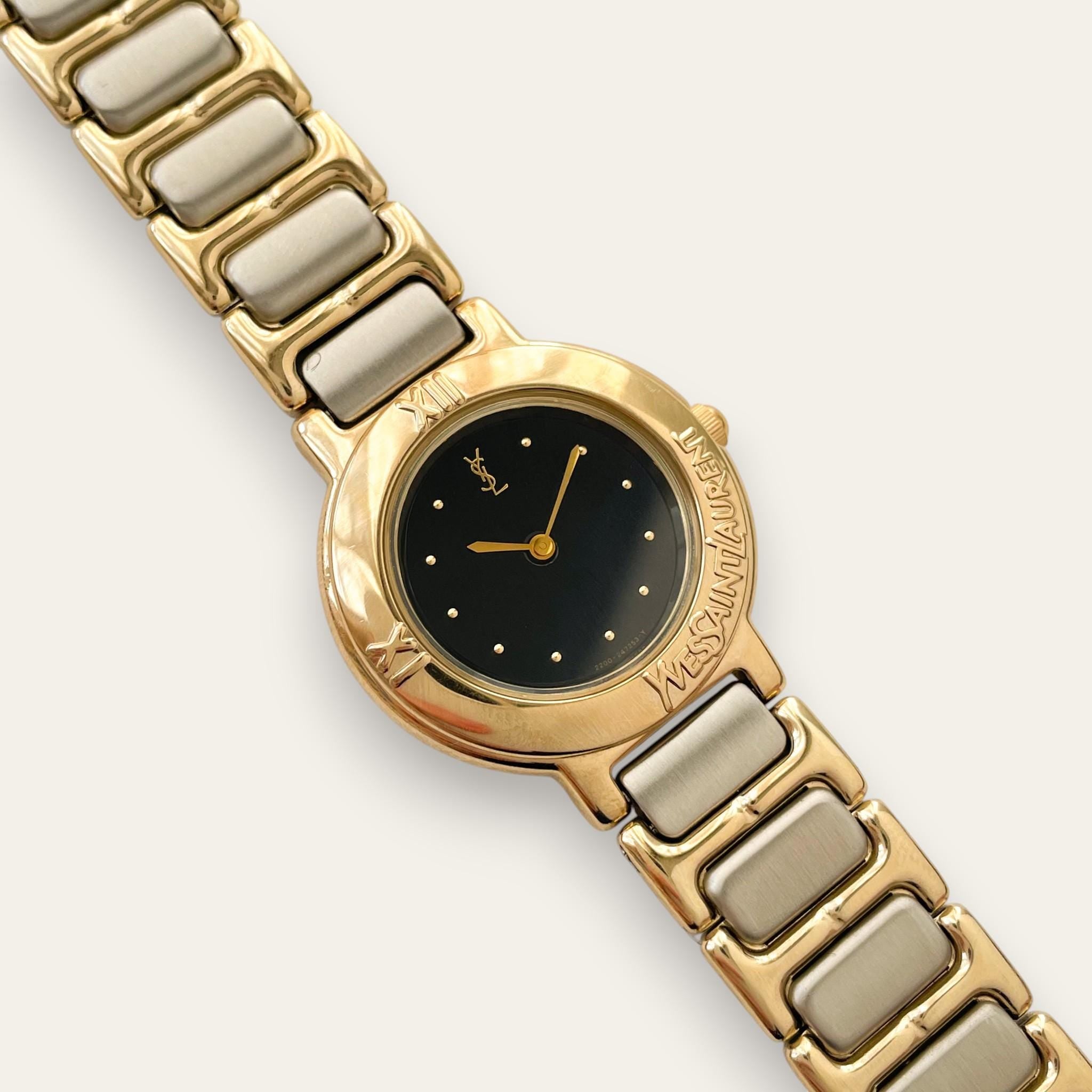 Vintage 1990s YSL Quartz Watch - Two-Tone Bracelet, Black Dial