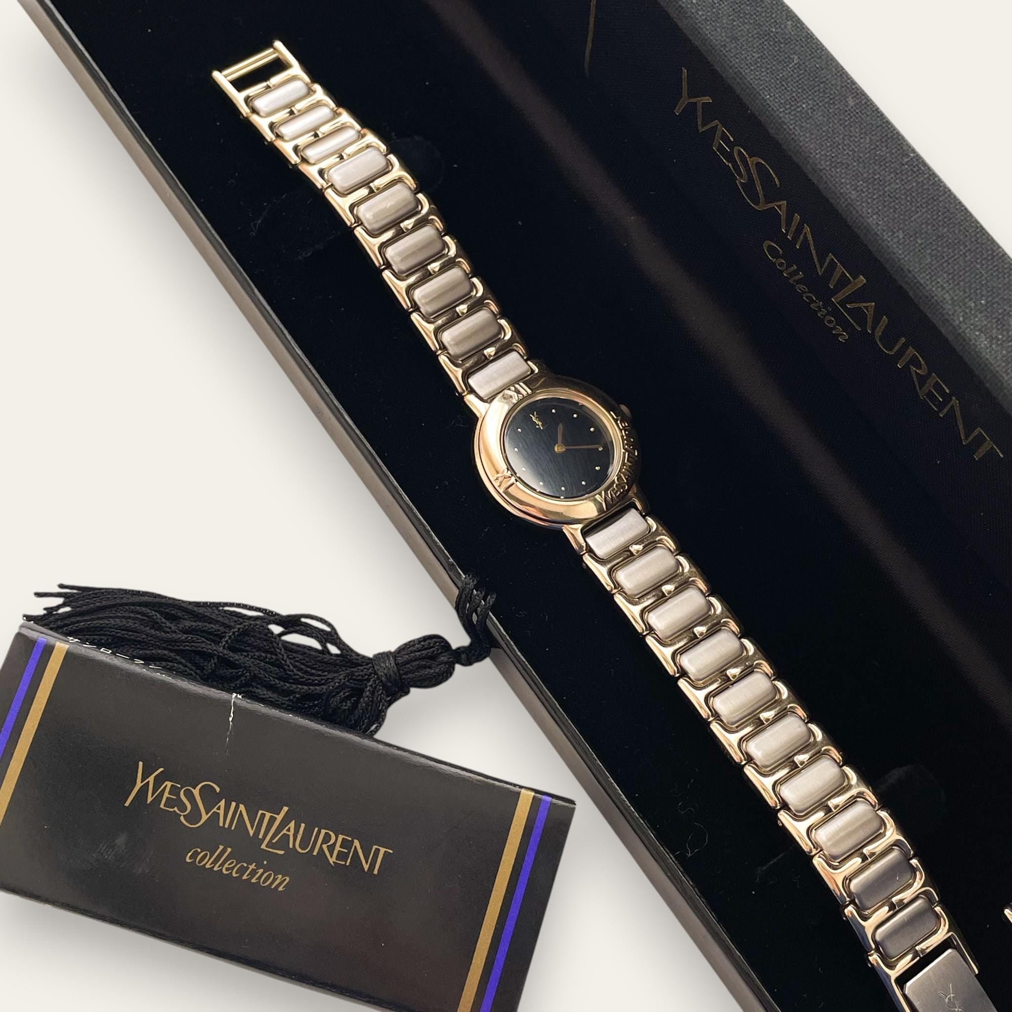 Vintage 1990s YSL Quartz Watch - Two-Tone Bracelet, Black Dial