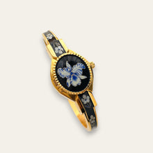 Load image into Gallery viewer, Vintage André Mouche Quartz Peek-a-Boo Watch - Black &amp; Blue Floral Design
