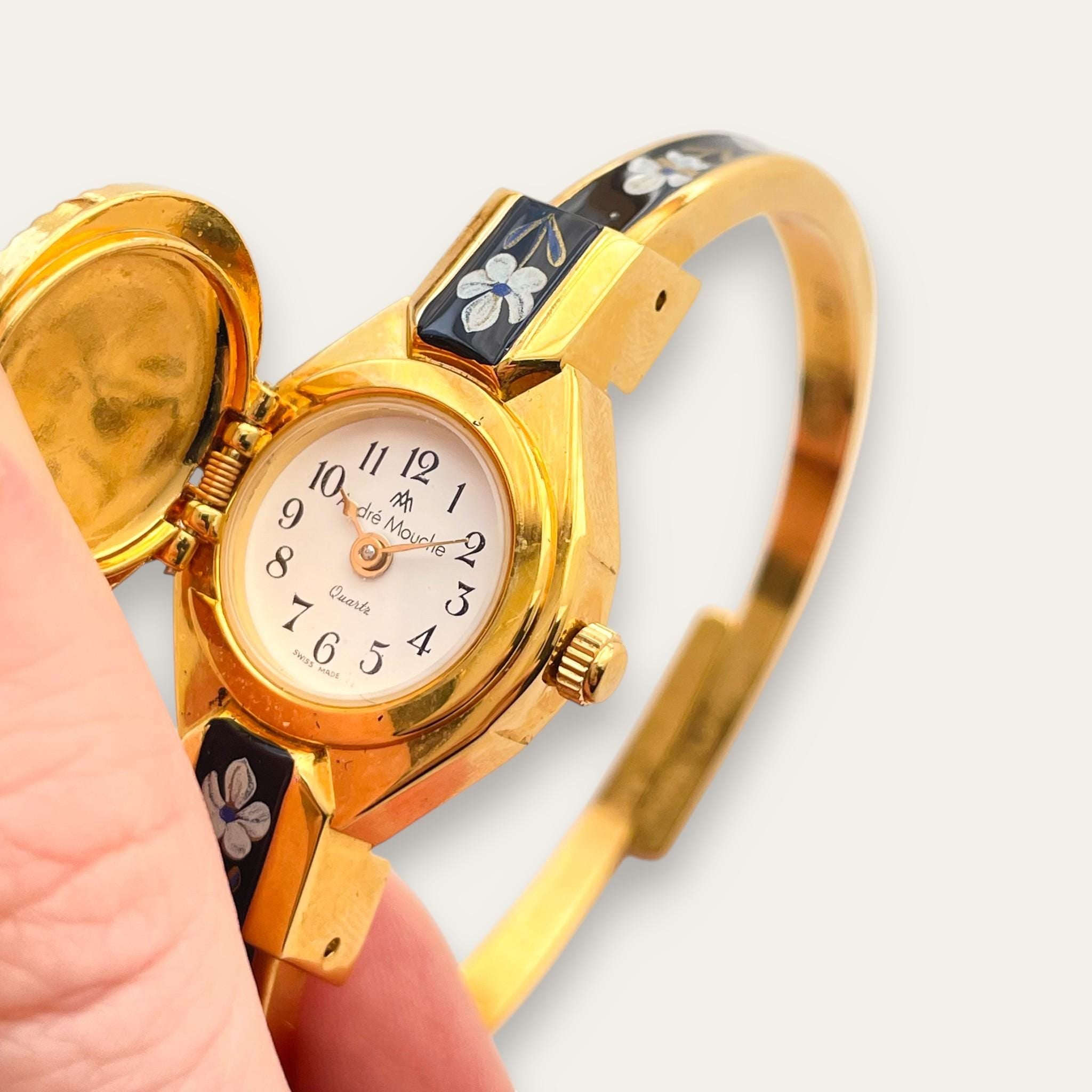 Vintage André Mouche Quartz Peek-a-Boo Watch - Black & Blue Floral