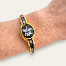 Load image into Gallery viewer, Vintage André Mouche Quartz Peek-a-Boo Watch - Black &amp; Blue Floral Design
