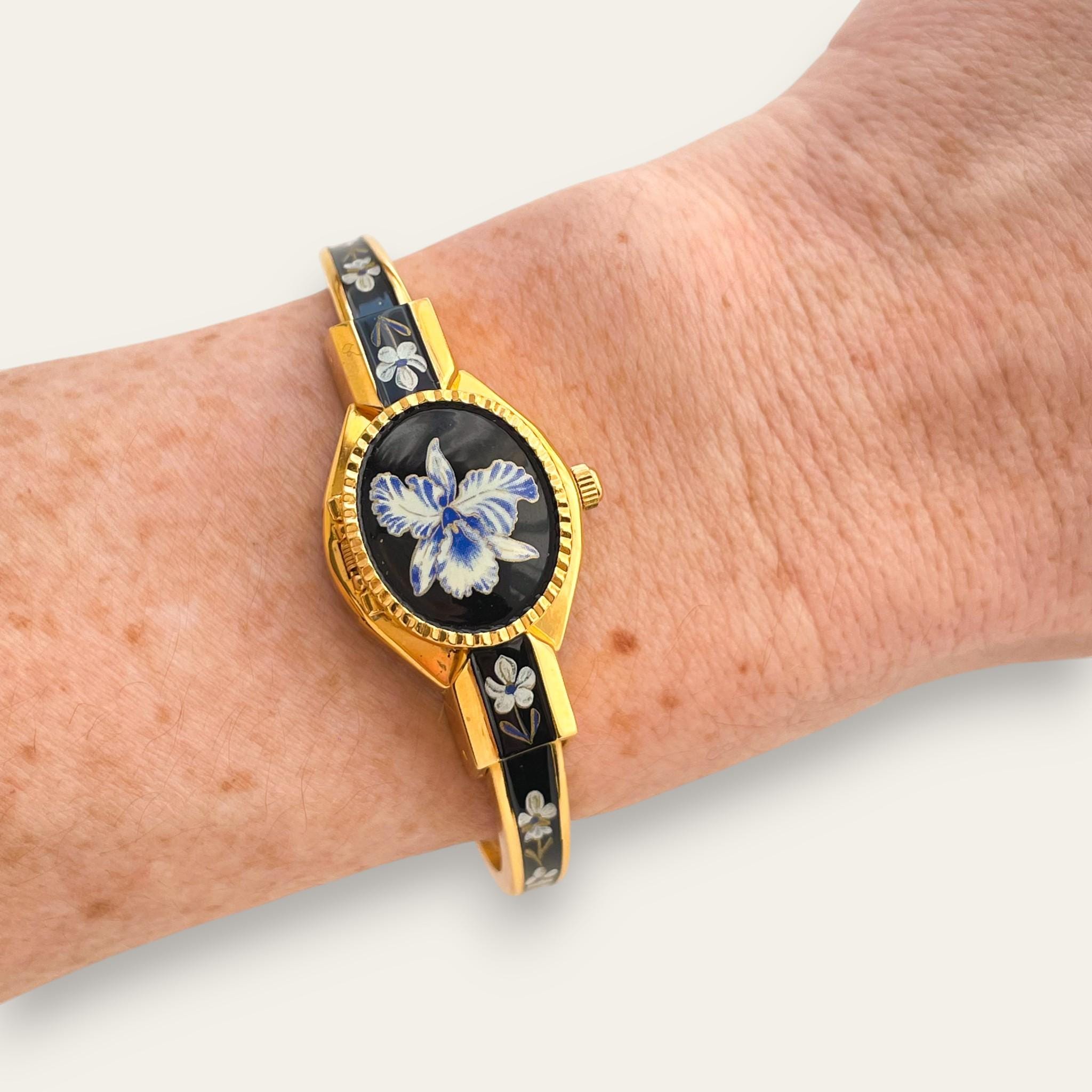 Vintage André Mouche Quartz Peek-a-Boo Watch - Black & Blue Floral