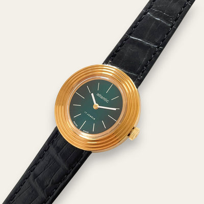 Vintage Atlantic Swiss Watch | Green Sunburst Dial 17-Jewel Mechanical NOS 1970s
