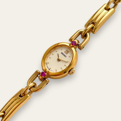 Rare 90s Gold-Plated Seiko Jewellery Quartz Watch - Tiny Dial - Rubies