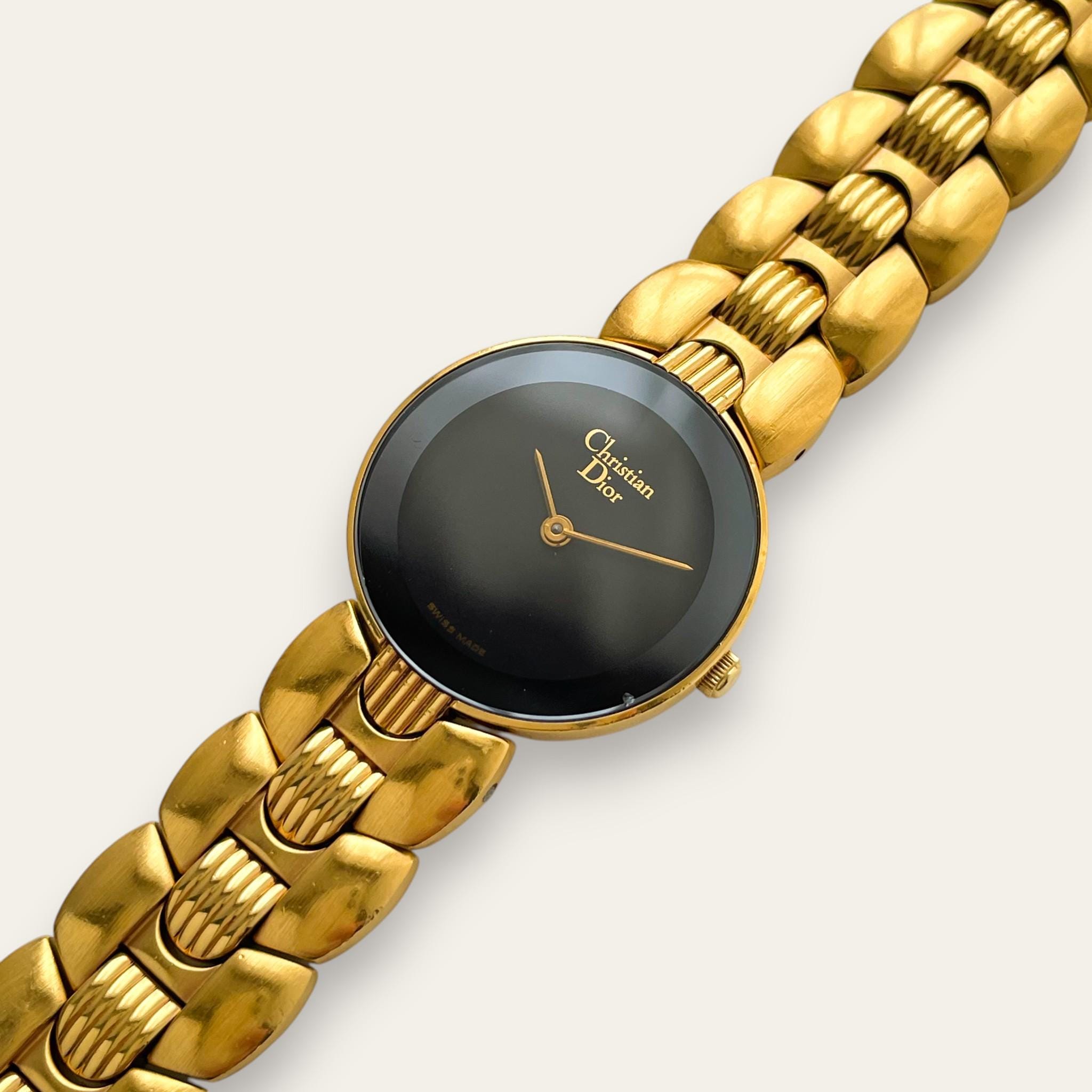 Vintage Christian Dior 3041 Black Moon Watch — 1980s Gold-Tone