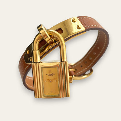 Vintage Hermès Kelly Watch, Gold Plated Padlock, Tan Leather Strap, Quartz