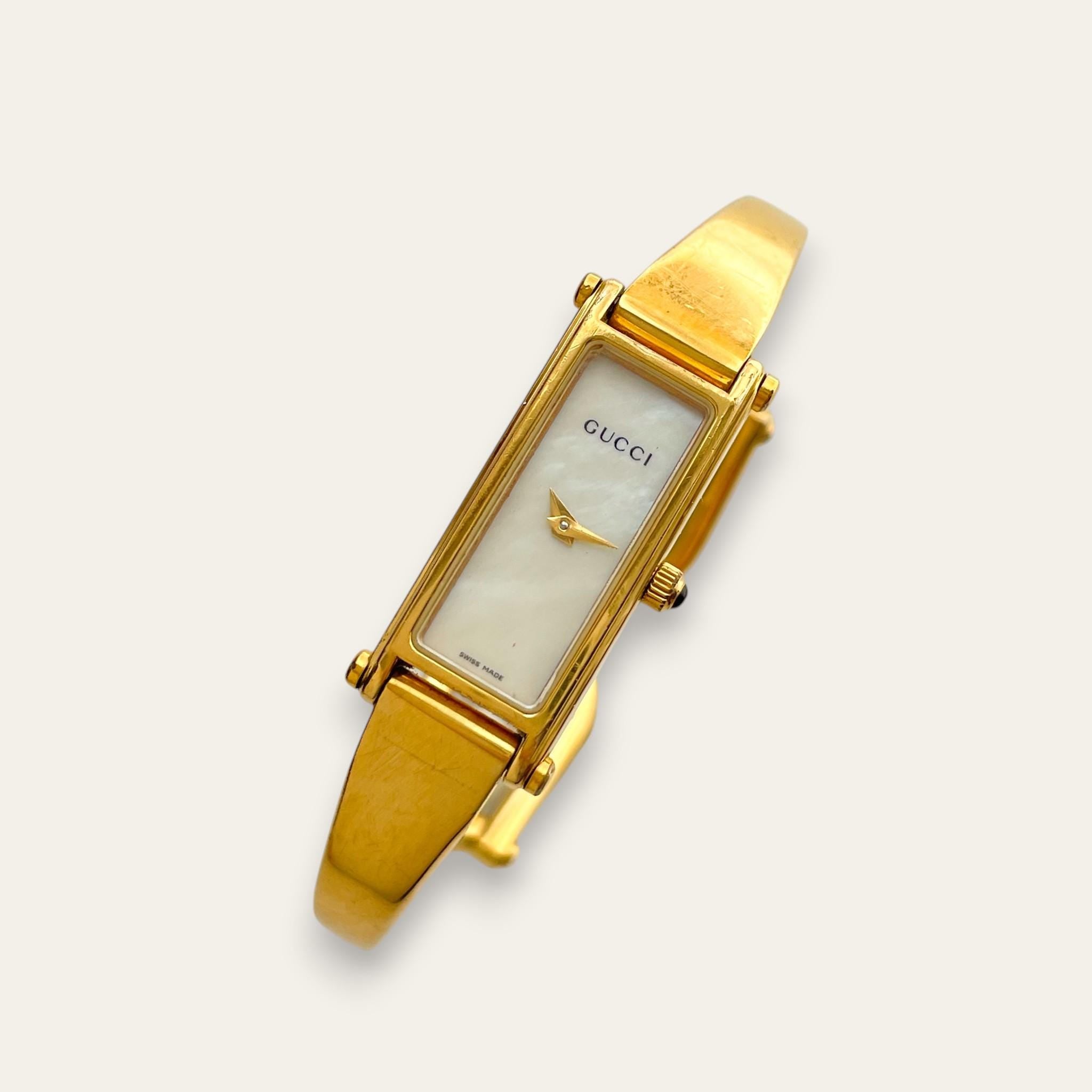 Vintage Gucci 1500L Gold Bangle Watch with Mother of Pearl Dial