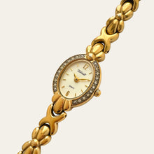 Load image into Gallery viewer, Vintage F. Hinds Gold Plated Ladies Watch Crystal Bezel Bracelet Strap, Quartz
