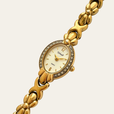 Vintage F. Hinds Gold Plated Ladies Watch Crystal Bezel Bracelet Strap, Quartz