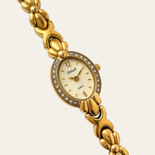 Load image into Gallery viewer, Vintage F. Hinds Gold Plated Ladies Watch Crystal Bezel Bracelet Strap, Quartz
