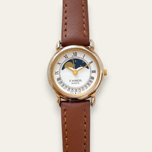Load image into Gallery viewer, Vintage F. Hinds Moon Phase Ladies' Gold-Tone Watch | White Dial, Quartz
