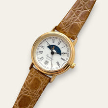 Load image into Gallery viewer, Vintage Equinox Quartz Watch Sun and Moon Dial Gold Tone Roman Numerals
