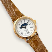 Load image into Gallery viewer, Vintage Equinox Quartz Watch Sun and Moon Dial Gold Tone Roman Numerals
