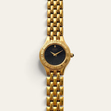 Load image into Gallery viewer, Vintage Seiko Quartz Ladies Gold Watch Black Dial Roman Numeral Bezel
