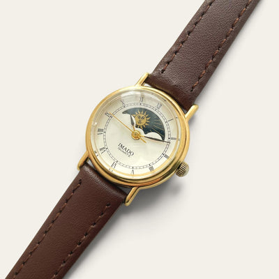 Vintage Imado Sun & Moon Quartz Watch - Brown Leather Strap