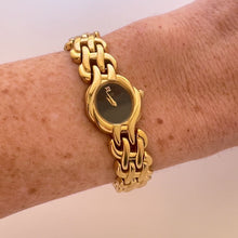 Load and play video in Gallery viewer, Vintage Seiko Ladies Watch Gold-Tone Black Dial Woven Bracelet Quartz
