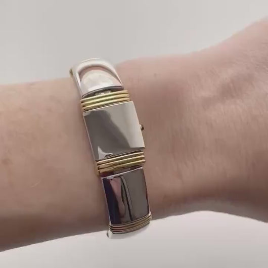 Vintage Anne Klein Peek-a-Boo Quartz Watch with Two-Tone Articulated Bangle Bracelet and Rectangular Dial
