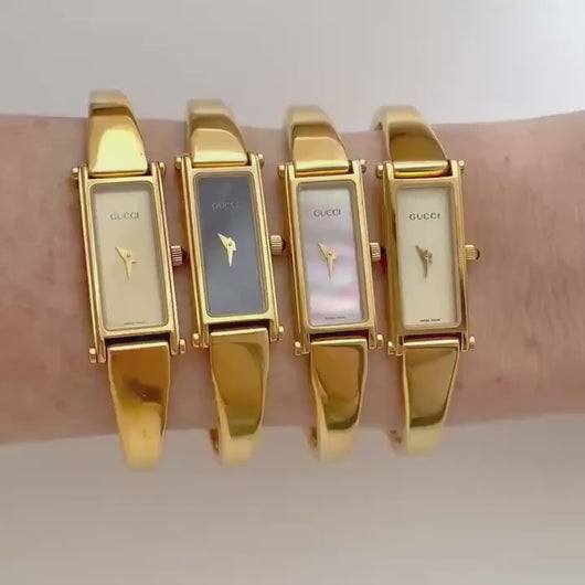 Vintage Gucci 1500L Gold Bangle Watch with Mother of Pearl Dial, 90s Quartz