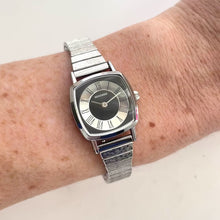Load and play video in Gallery viewer, Sekonda Ladies Cushion Case Silver &amp; Black Dial 70s Vintage-Style Quartz Watch
