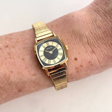 Load and play video in Gallery viewer, Sekonda Ladies Cushion Case Gold &amp; Black Dial 70s Vintage-Style Quartz Watch

