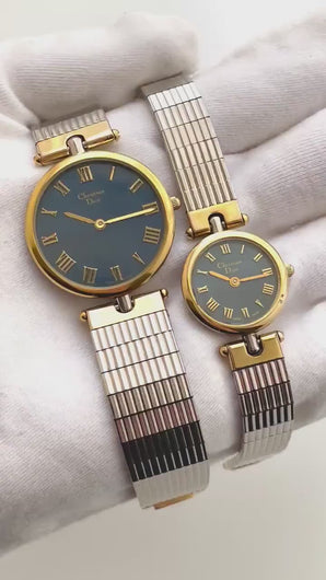 Vintage Two-Tone Christian Dior Unisex Quartz Watch with Round Metallic Blue Dial - Boxed