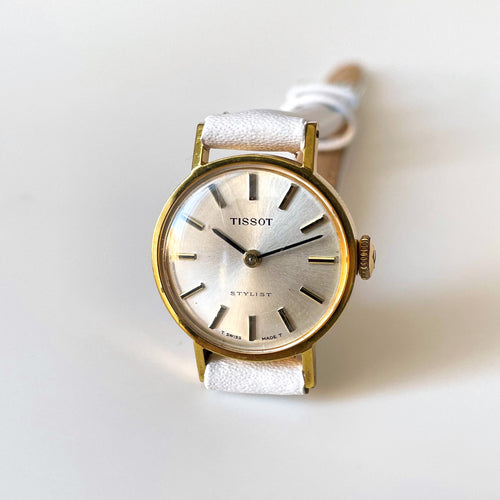 Gold-Plated Tissot Mechanical Watch with White Leather Strap