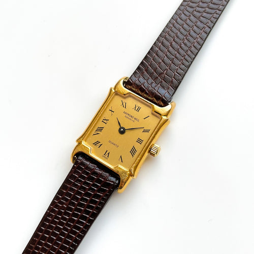 Vintage Ladies' Gold-Plated Raymond Weil Quartz Watch with Brown Leather Strap