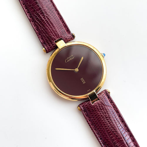 Vintage Cartier Must Vend√¥me Vermeil Large Quartz Watch - Gold-Plated Silver 925 with Burgundy Dial - Boxed