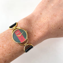 Load image into Gallery viewer, 90s Gold-Plated Gucci Watch with Green/Red Dial and Black Leather Strap
